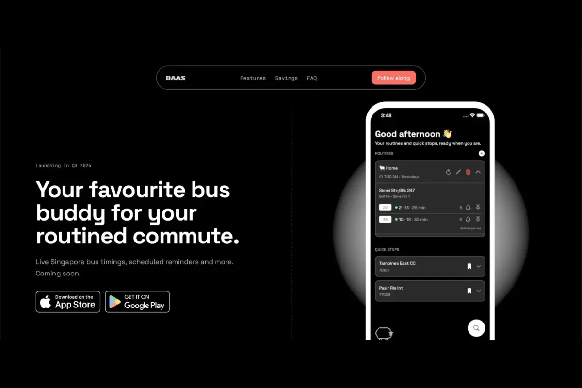 The BAAS landing page, "Your favourite bus buddy for your routined commute", beside a phone showing the app's home screen: a saved Home routine with live arrival times for two buses, and quick stops below it.