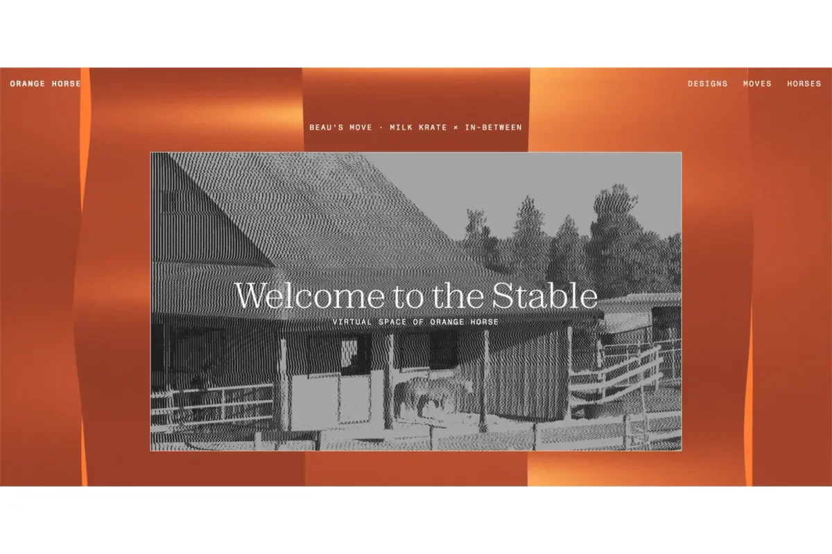 The live microsite open on its welcome screen: a dithered photo of a stable under the heading "Welcome to the Stable", framed by orange gradients.