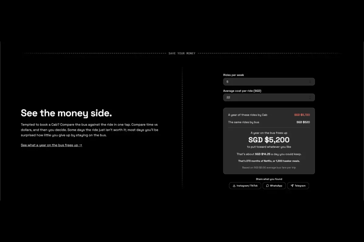 The BAAS landing page's "See the money side" calculator: five cab rides a week at SGD 22 each comes to SGD 5,720 a year, against SGD 520 by bus, freeing up SGD 5,200.