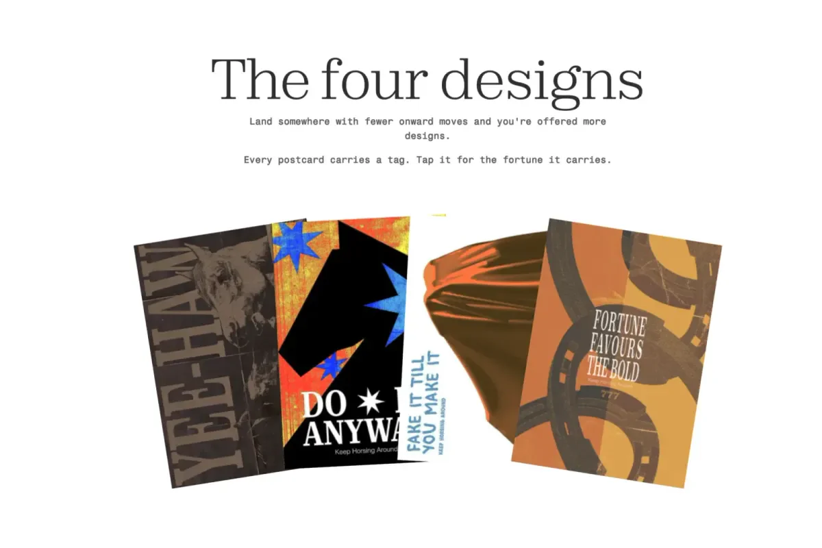 The four postcard designs fanned out, as they appear on the microsite.