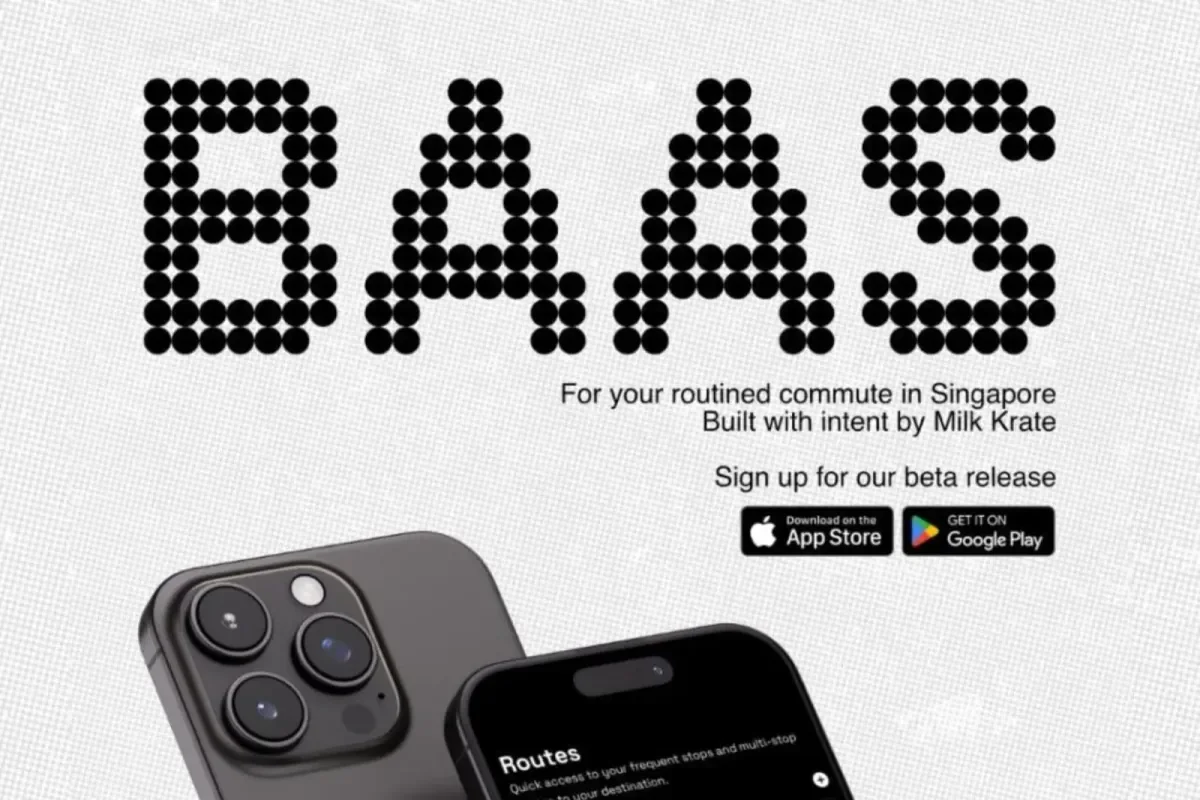 The dot-matrix BAAS wordmark above two phones running the app, with App Store and Google Play badges. The app is in beta; the badges mark the upcoming public release.