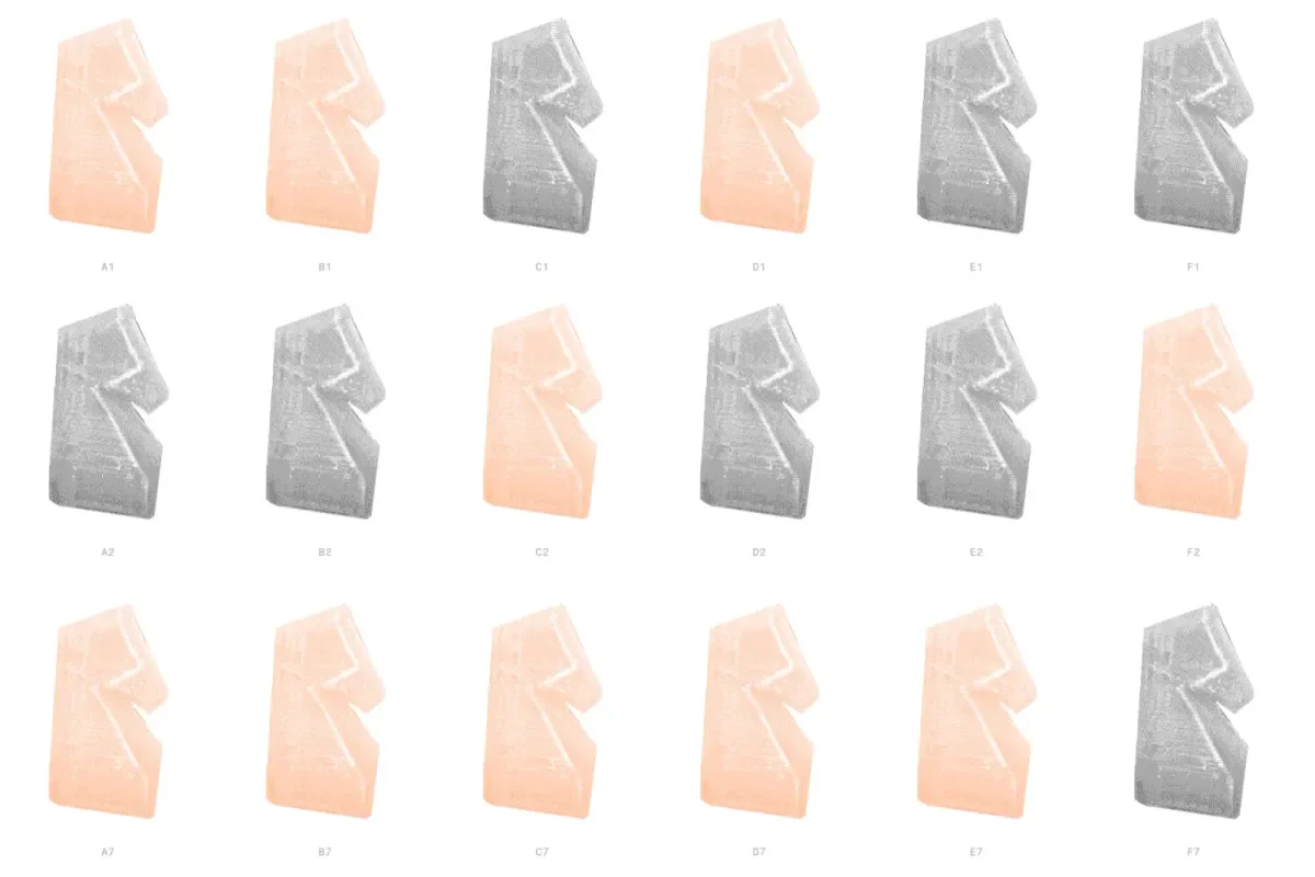 A grid of 3D renders of the horse piece, one for each square a horse could claim, some in orange and some in grey.