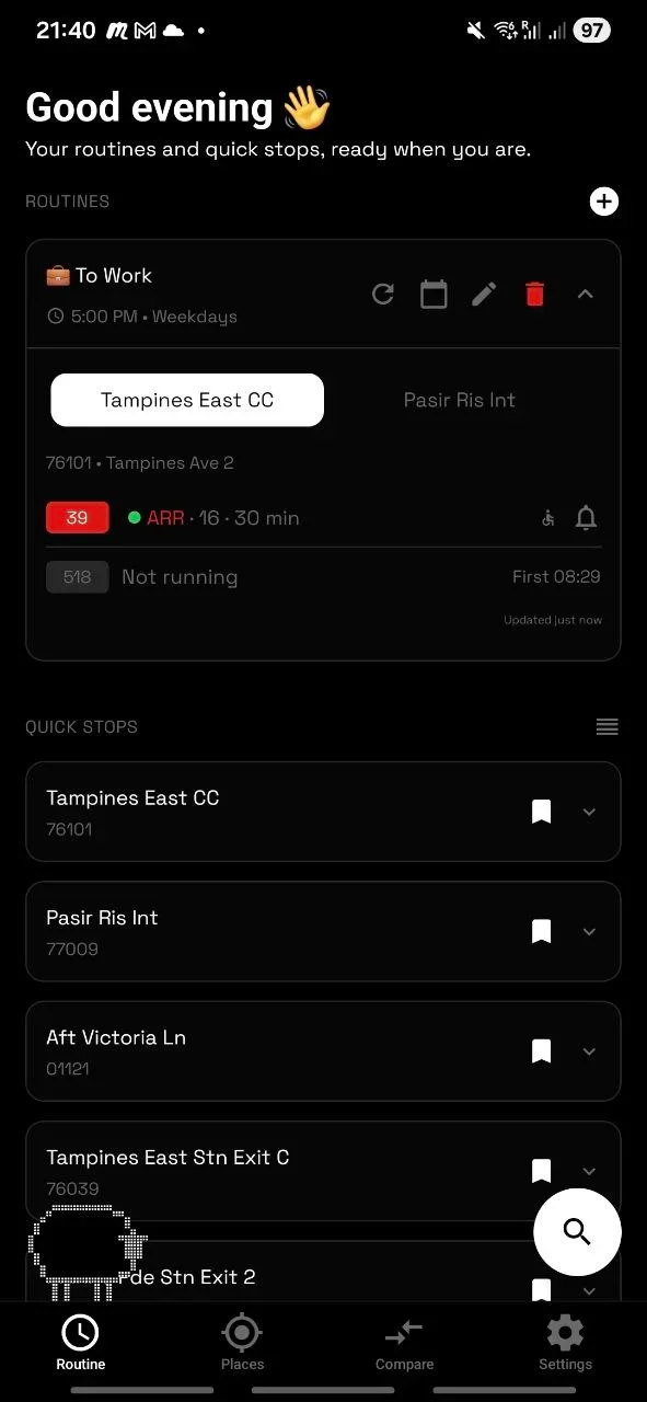 The BAAS home screen: a saved "To Work" routine set for 5 PM on weekdays, with tabs for two boarding stops, live arrival times for bus 39, and a list of quick stops below it.