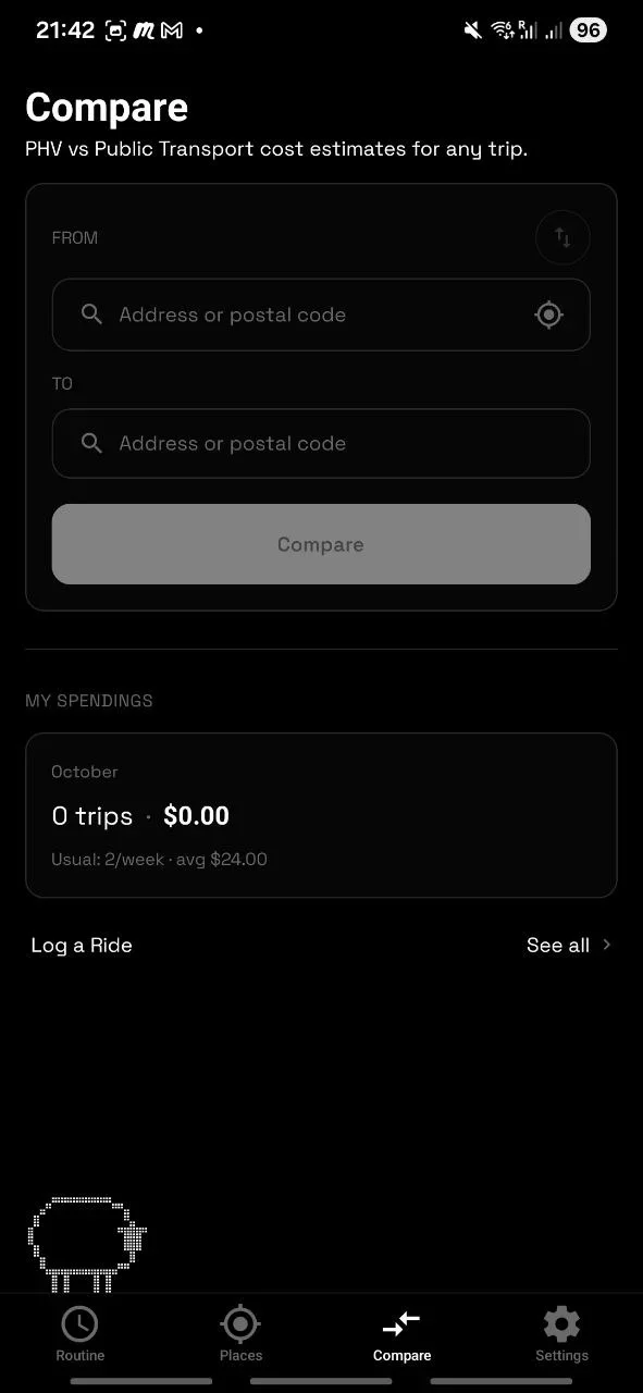 The Compare screen: from and to address fields for a cost estimate, and a "My spendings" card showing October's ride count and spend, with a link to log a ride.
