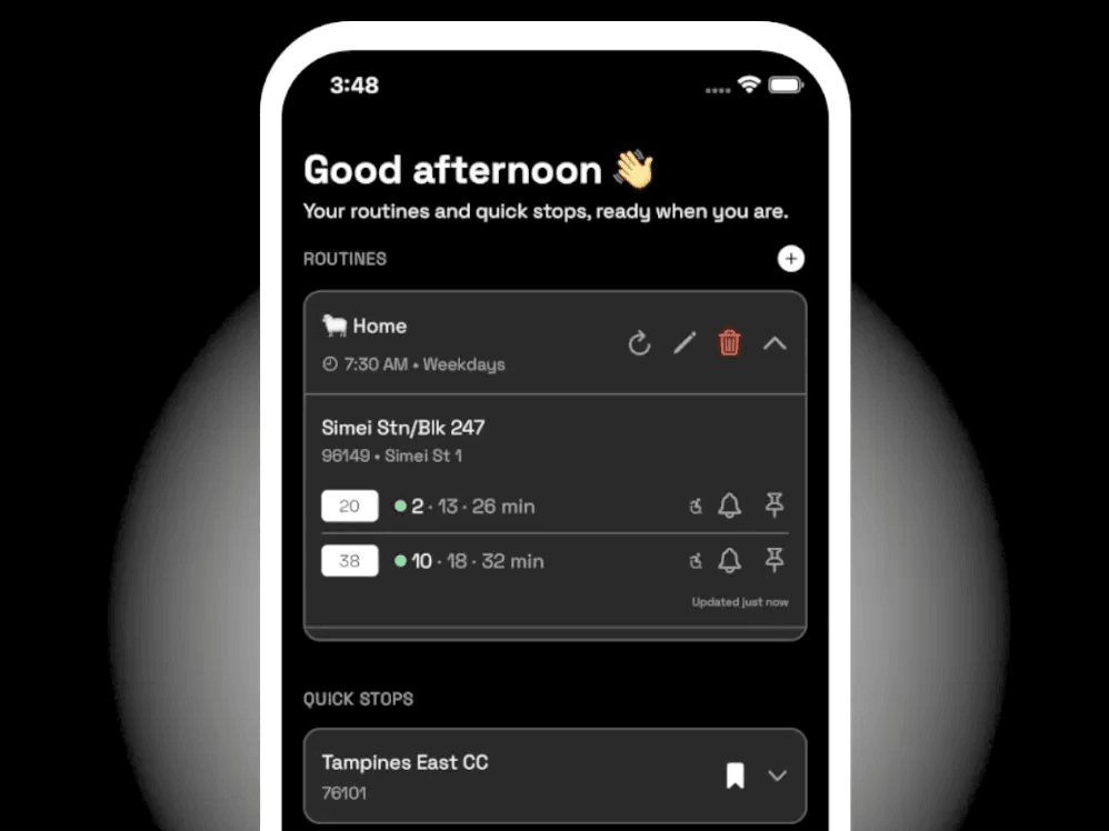 The BAAS app on a phone, showing a saved Home routine with live bus arrival times.